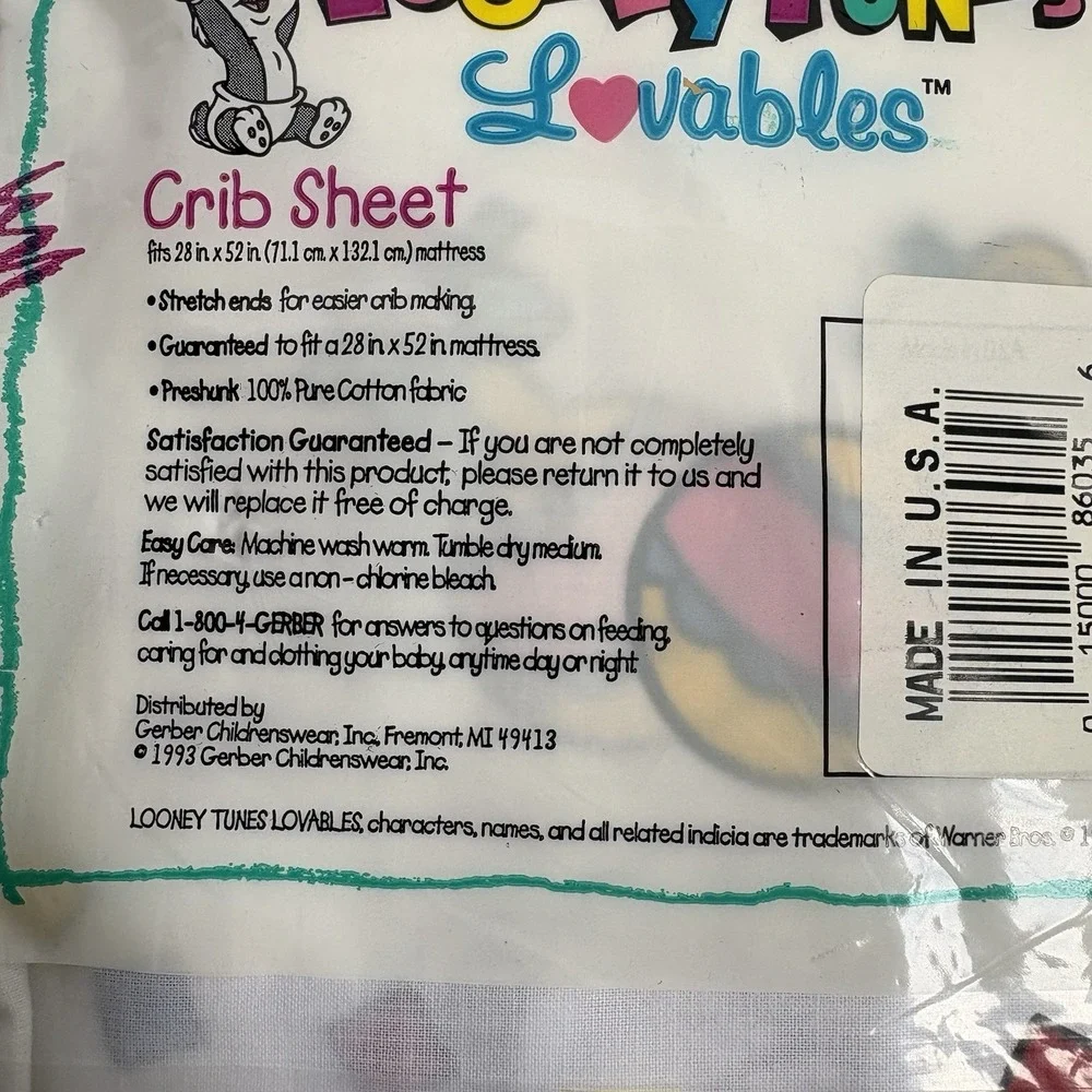 Vintage 1993 Looney Tunes Lovables Tweety Sylvester Crib Sheet NOS Sealed USA